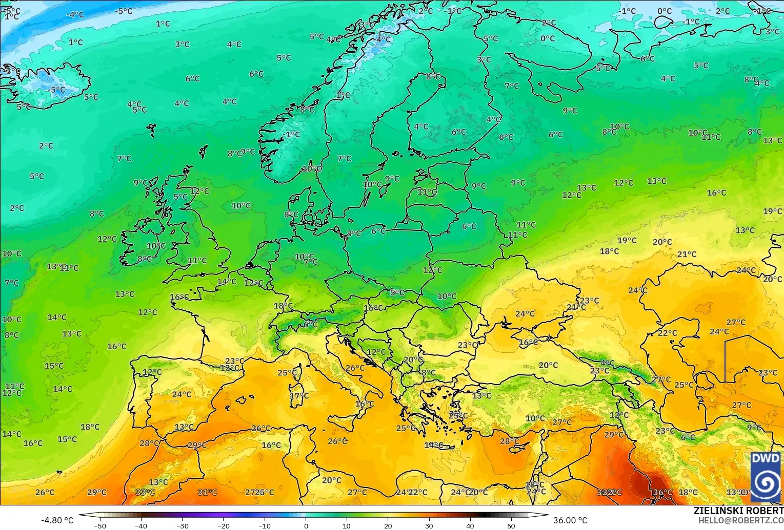 ICON modelo - Europa, Temperatura a 850 hPa