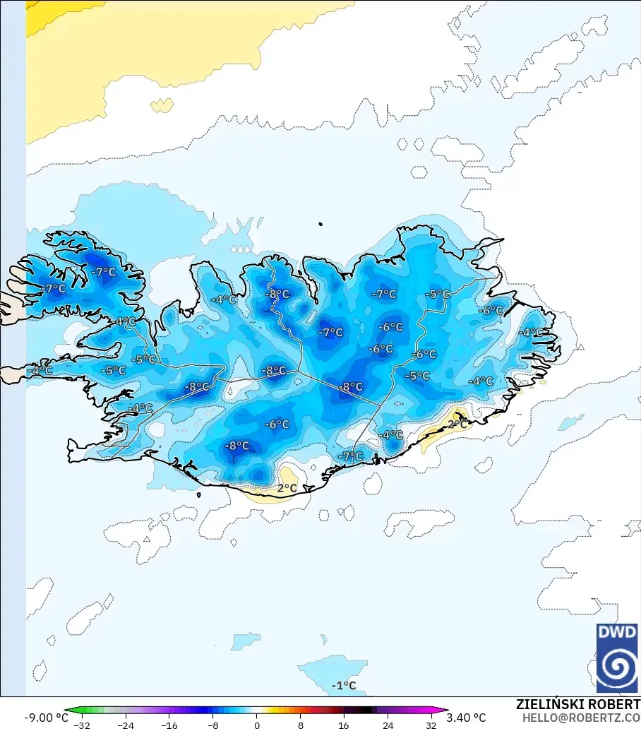 ICON modelo - Islandia, Anomalía de temperatura a 2 m