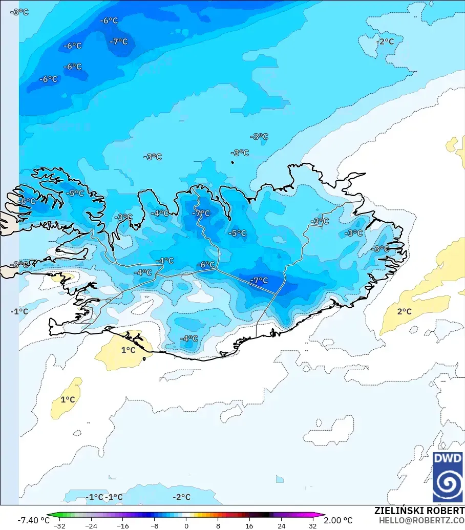 ICON modelo - Islandia, Anomalía de temperatura a 850 hPa