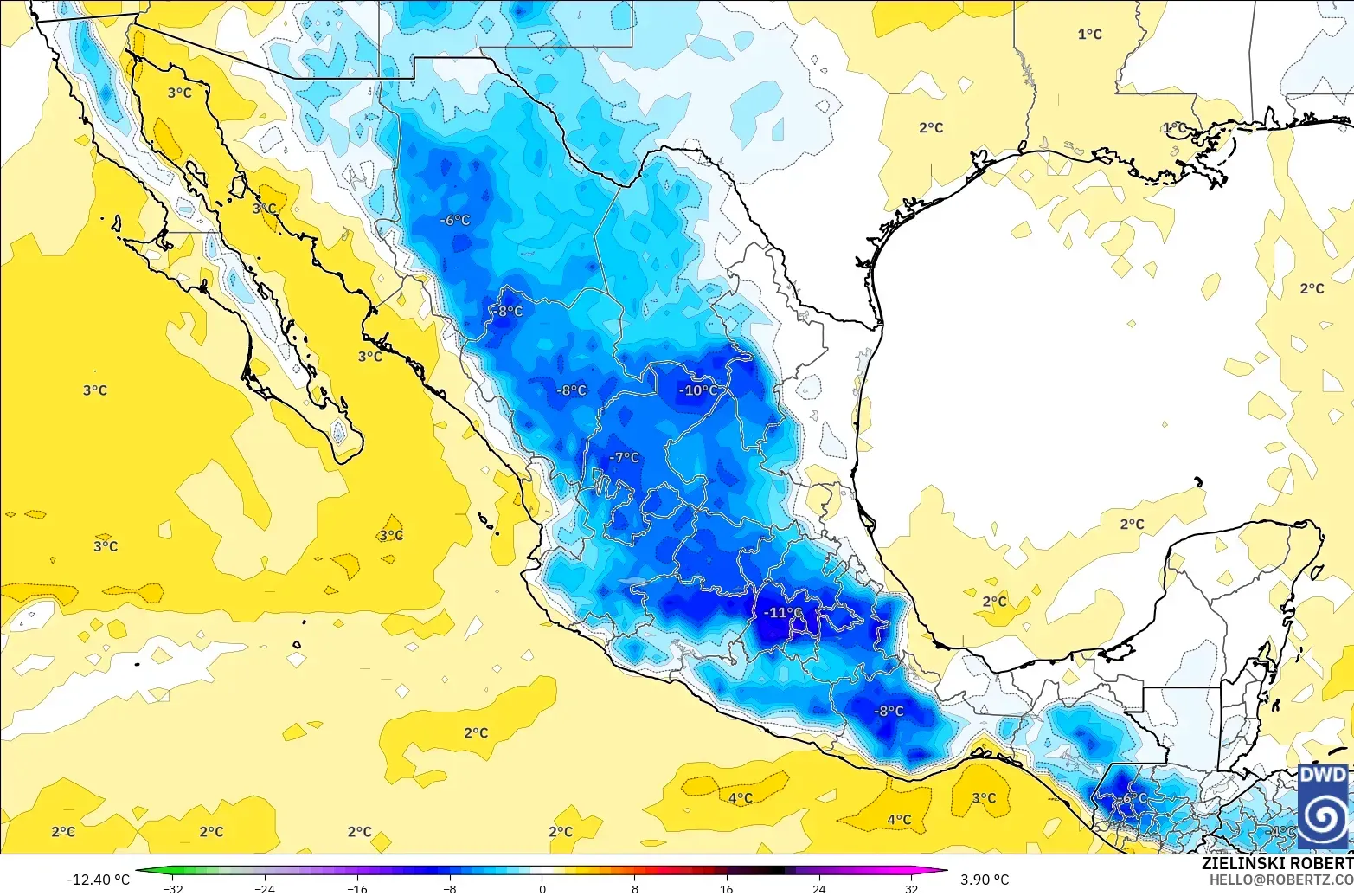 ICON modelo - México, Anomalía de temperatura a 850 hPa
