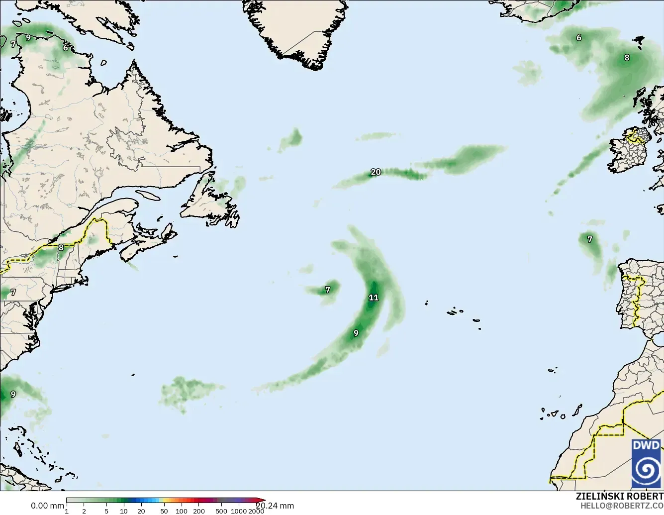 ICON modelo - Norte Atlántico, Acumulación de precipitación