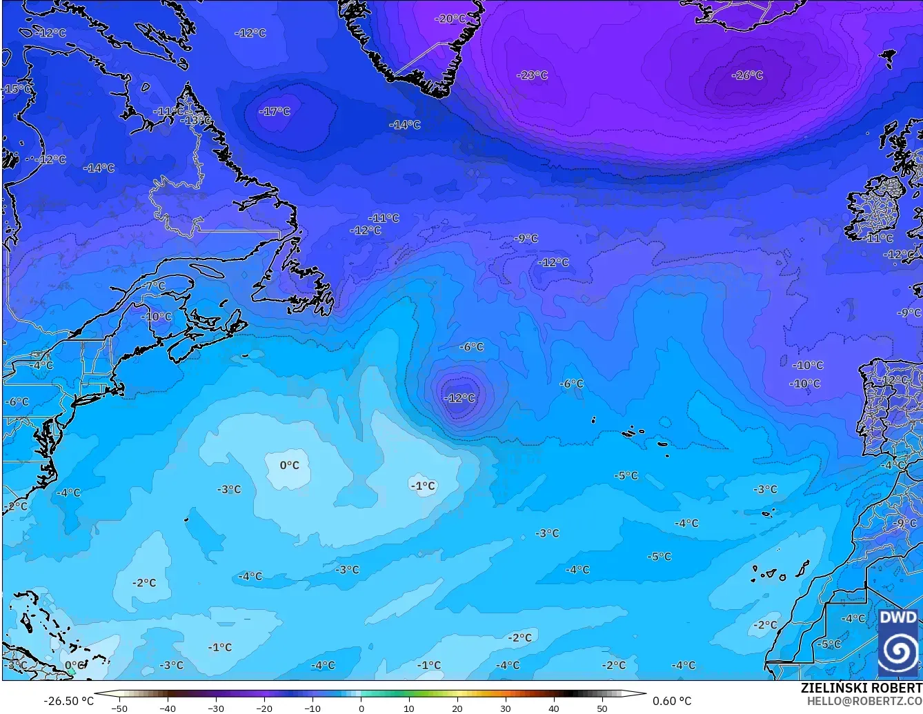 ICON modelo - Norte Atlántico, Temperatura a 500 hPa
