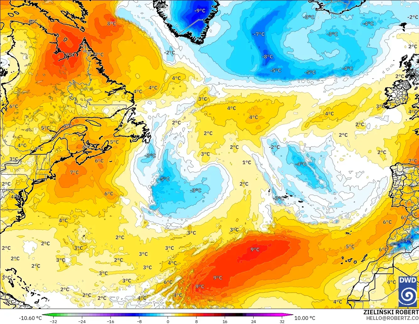ICON modelo - Norte Atlántico, Anomalía de temperatura a 850 hPa