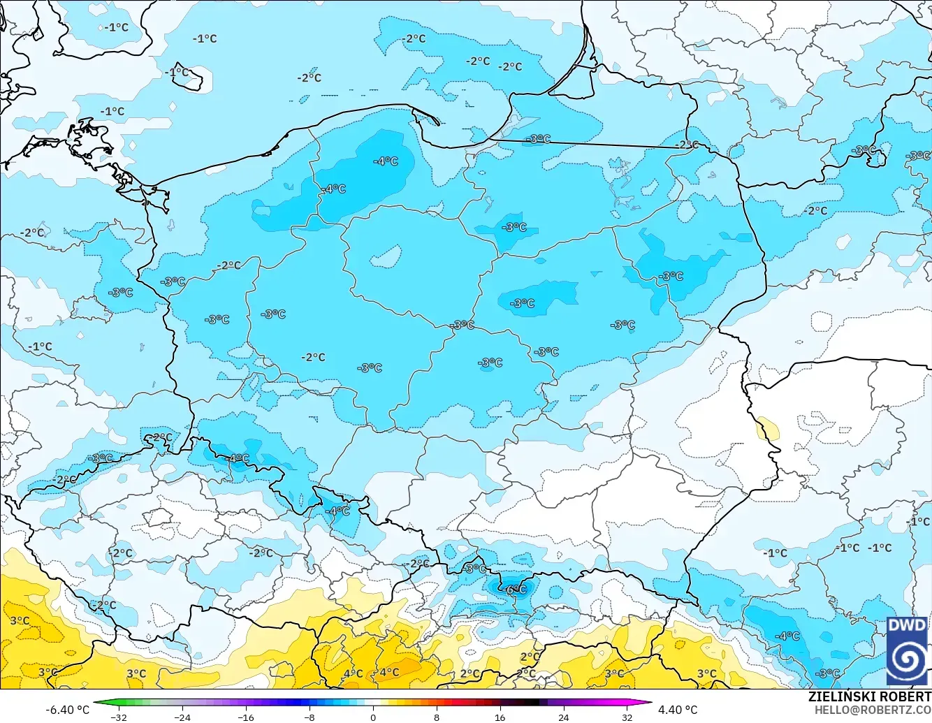 ICON modelo - Polonia, Anomalía de temperatura a 850 hPa