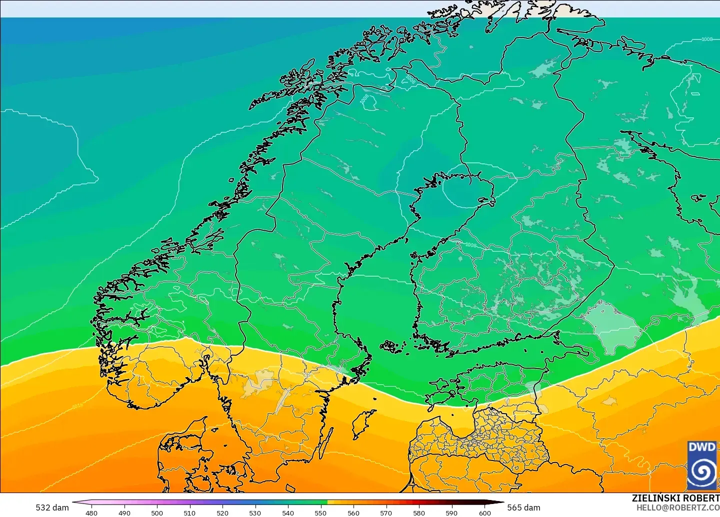 ICON modelo - Escandinavia, Altura geopotencial a 500 hPa