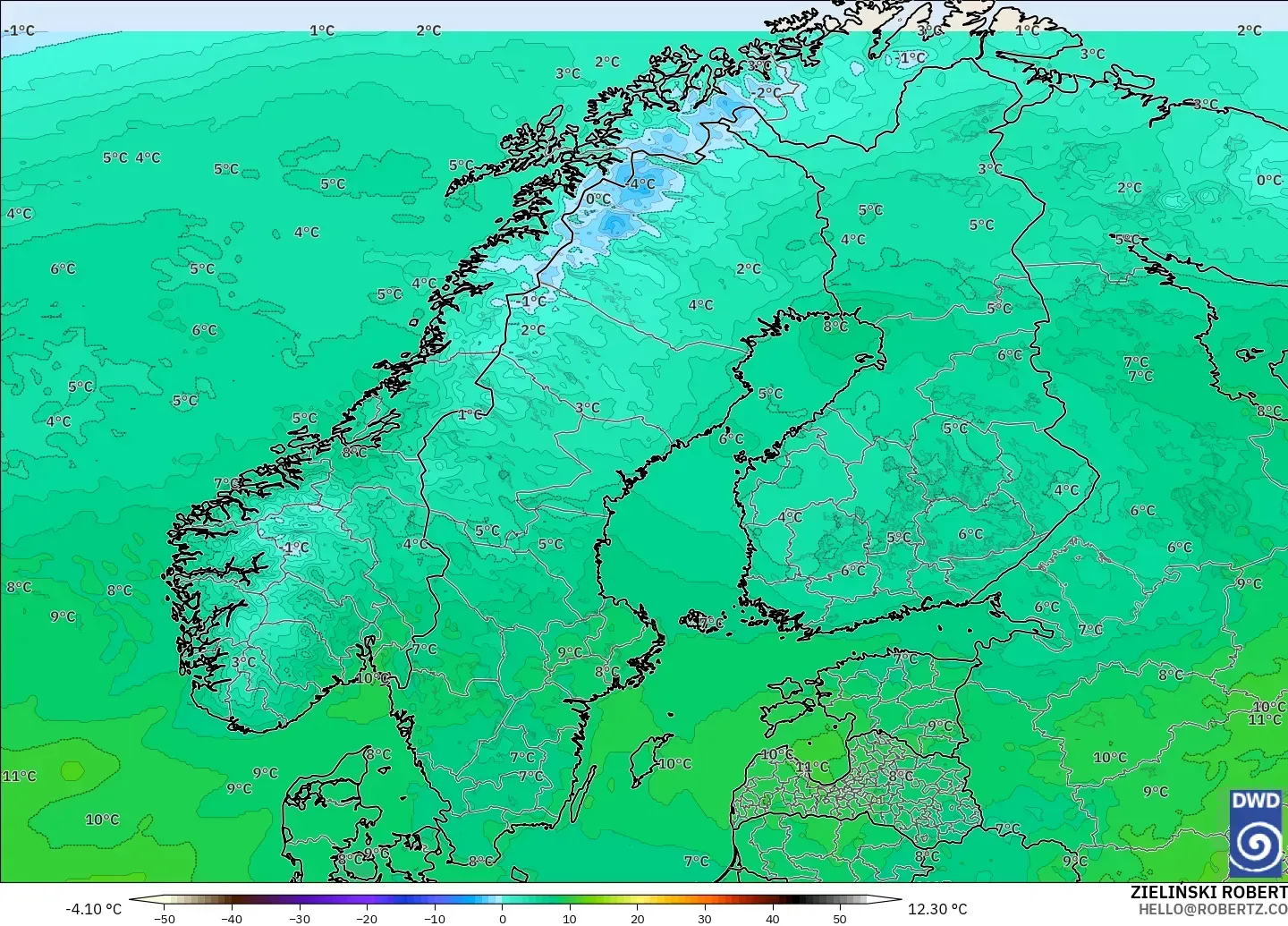 ICON modelo - Escandinavia, Temperatura a 850 hPa