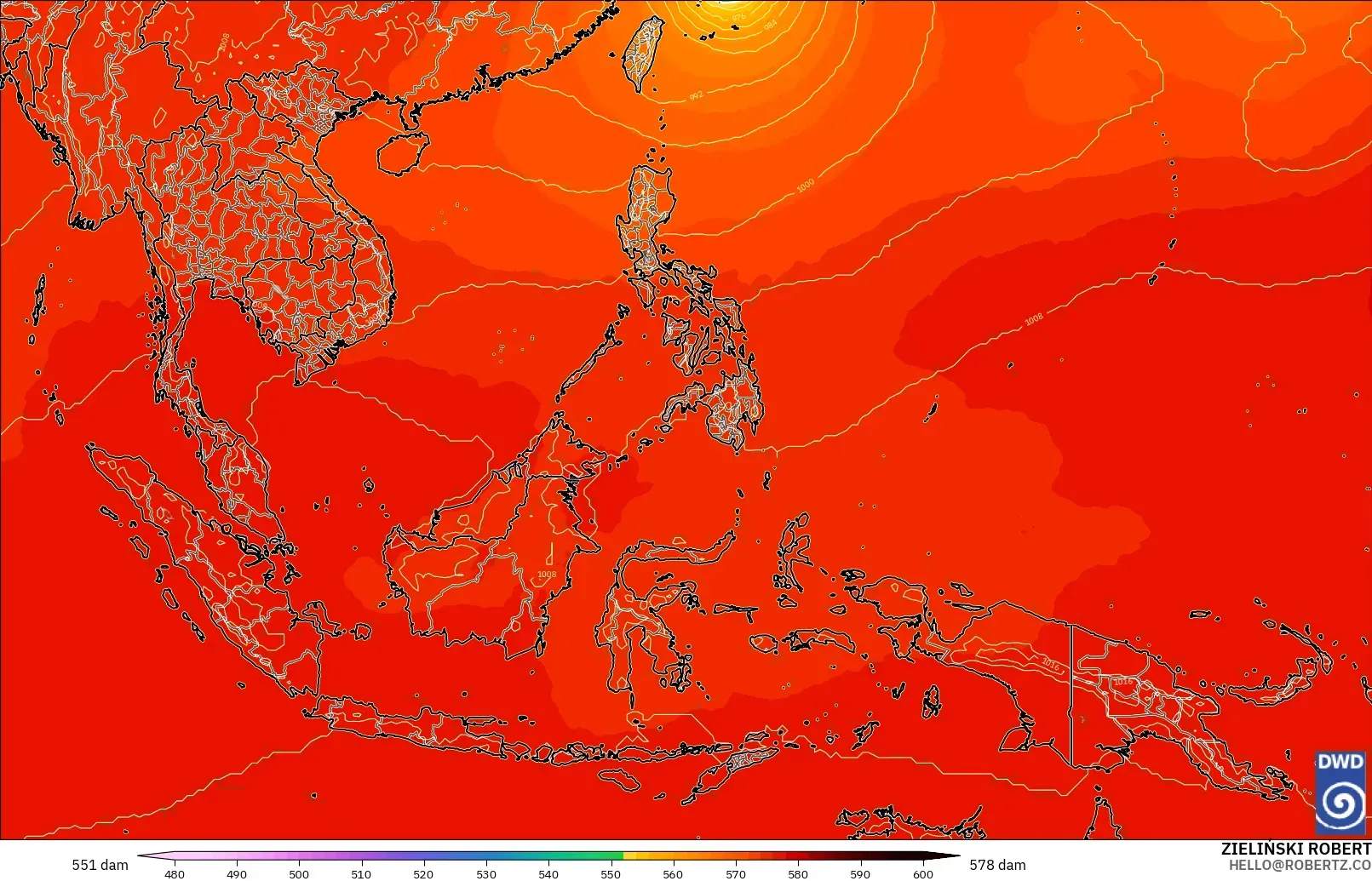 ICON modelo - Sudeste Asiático, Altura geopotencial a 500 hPa