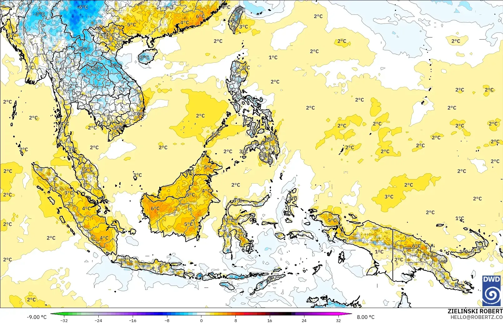 ICON modelo - Sudeste Asiático, Anomalía de temperatura a 2 m