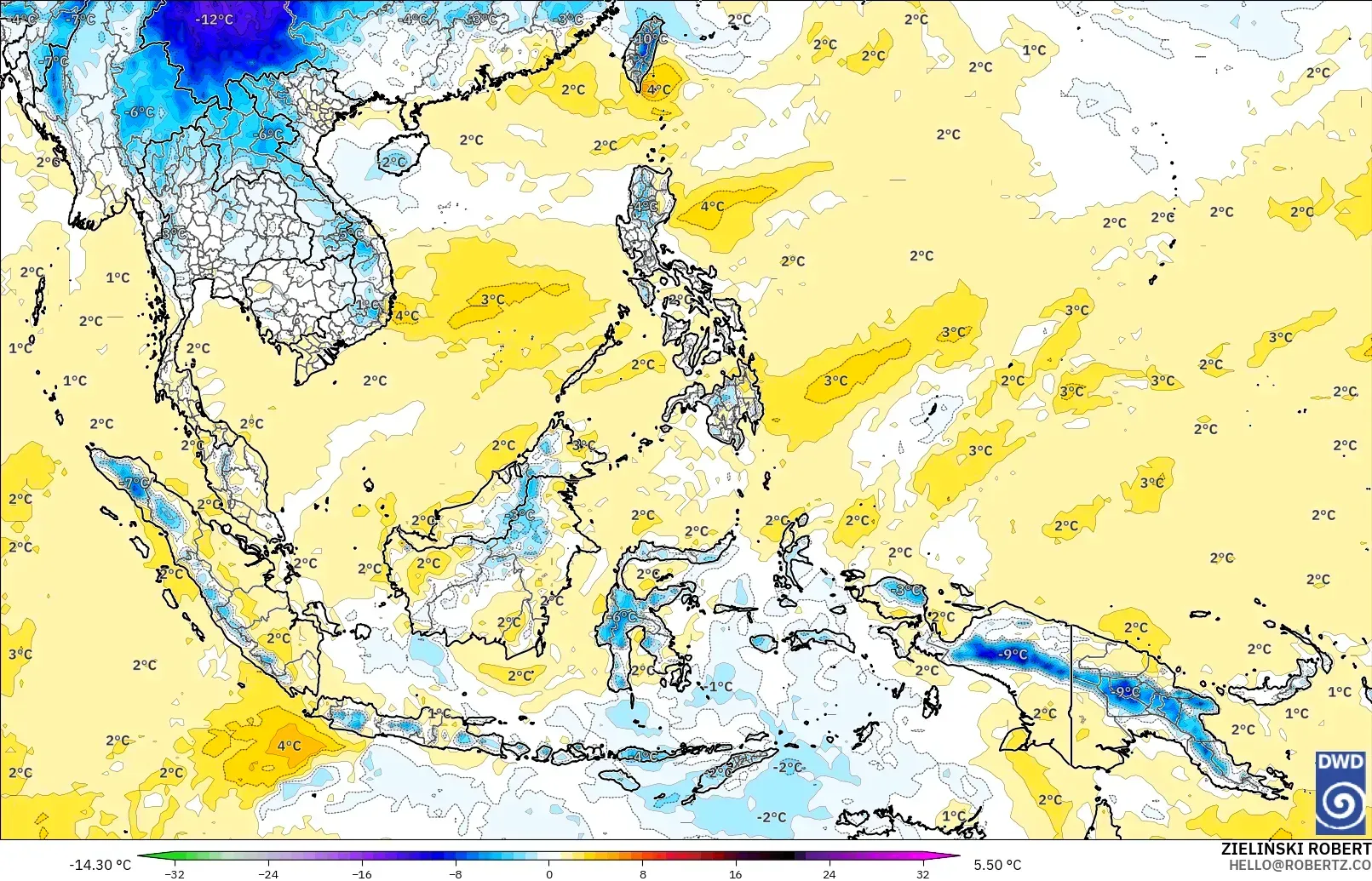 ICON modelo - Sudeste Asiático, Anomalía de temperatura a 850 hPa