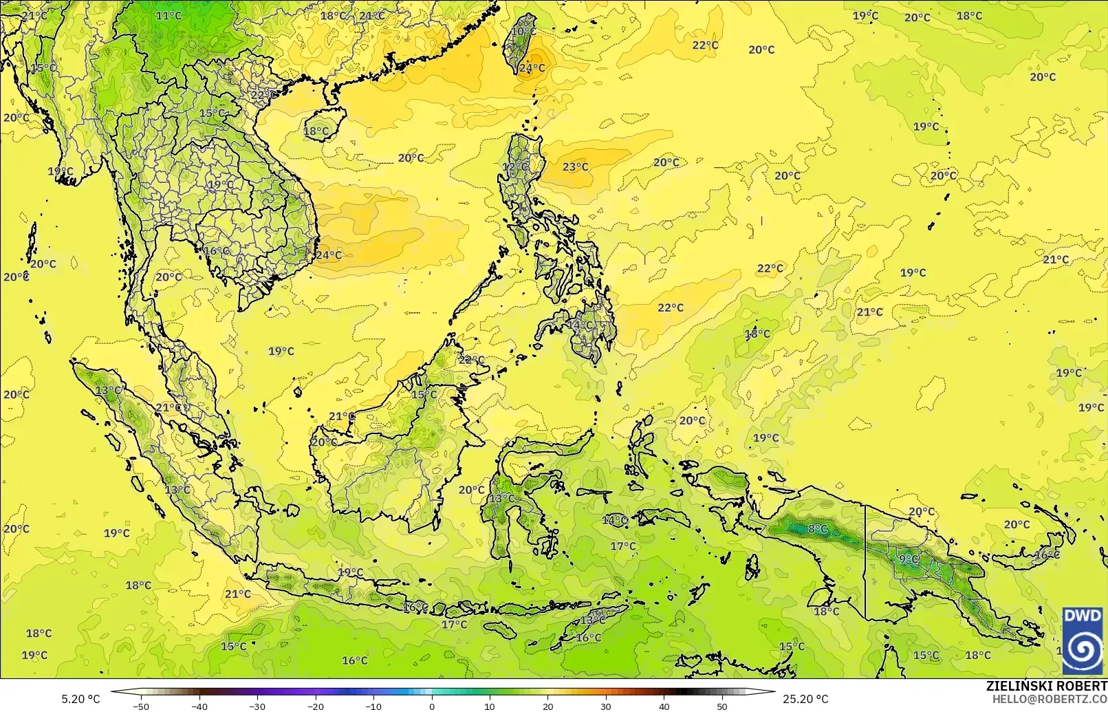ICON modelo - Sudeste Asiático, Temperatura a 850 hPa