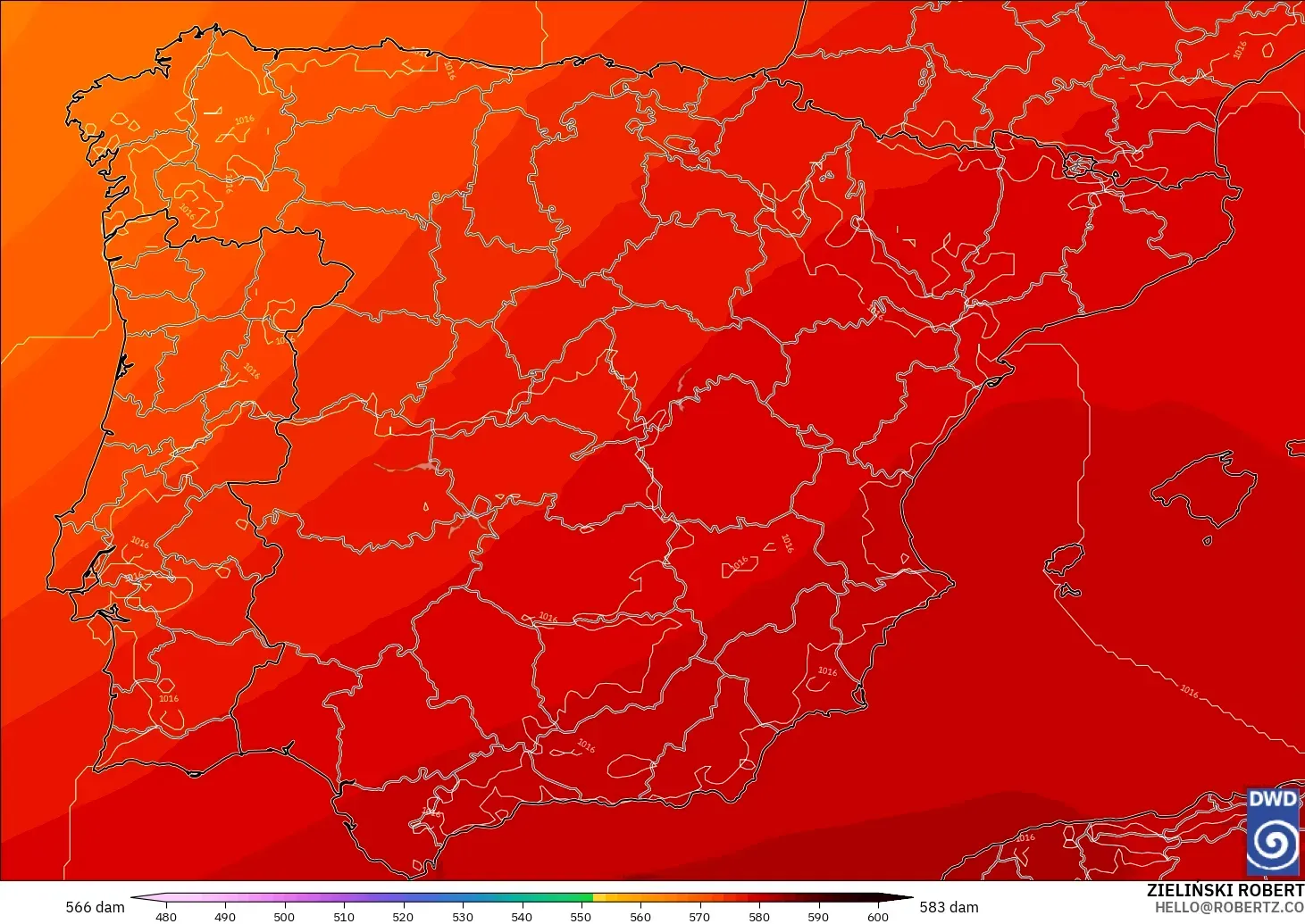 ICON modelo - España, Altura geopotencial a 500 hPa