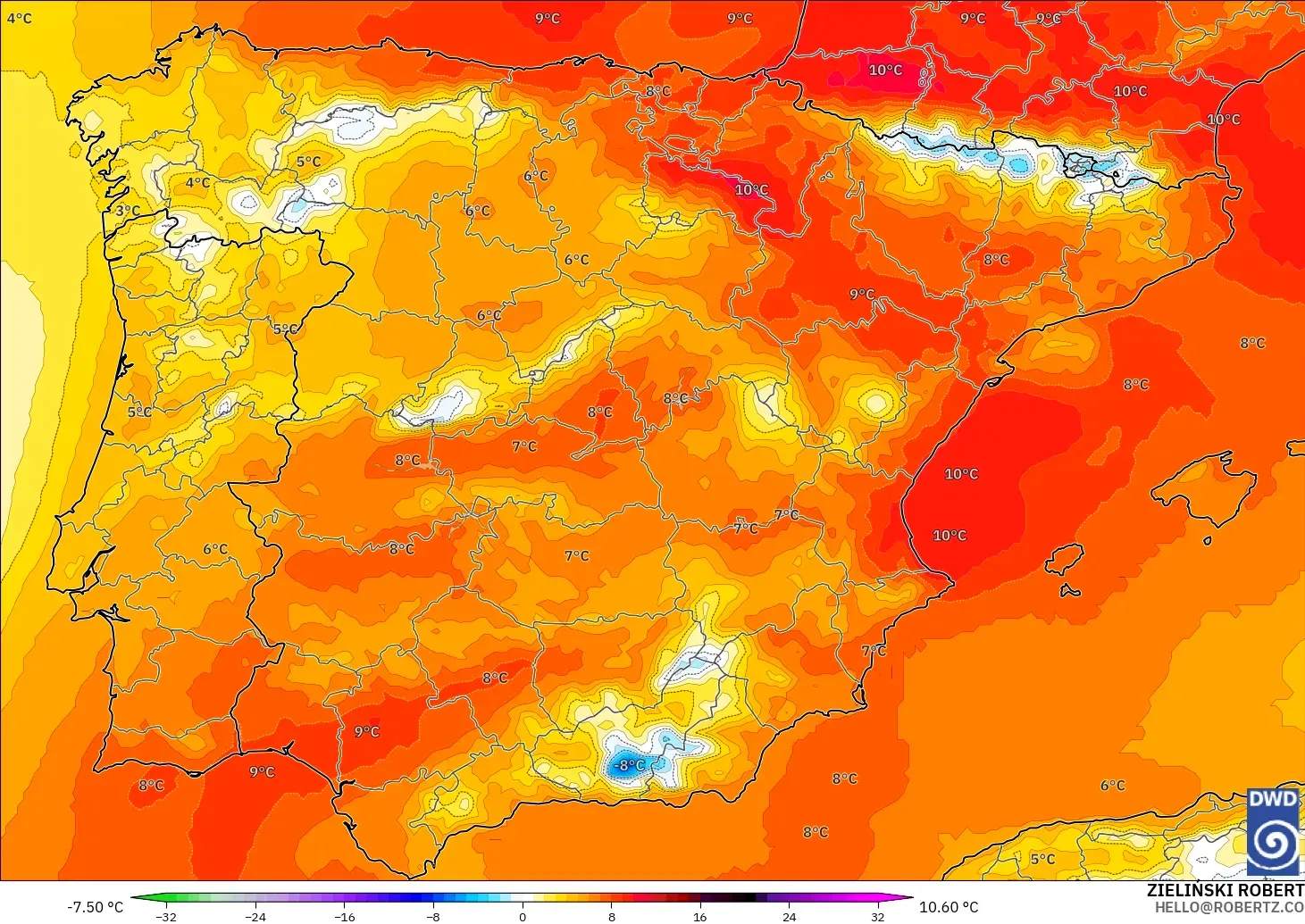 ICON modelo - España, Anomalía de temperatura a 850 hPa