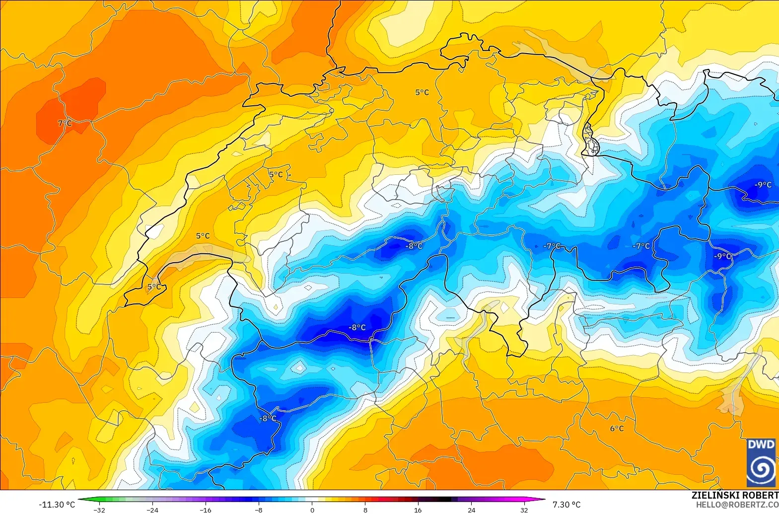 ICON modelo - Suiza, Anomalía de temperatura a 850 hPa