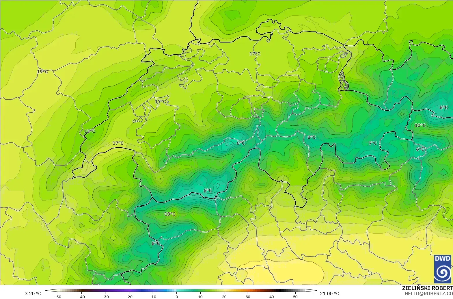 ICON modelo - Suiza, Temperatura a 850 hPa