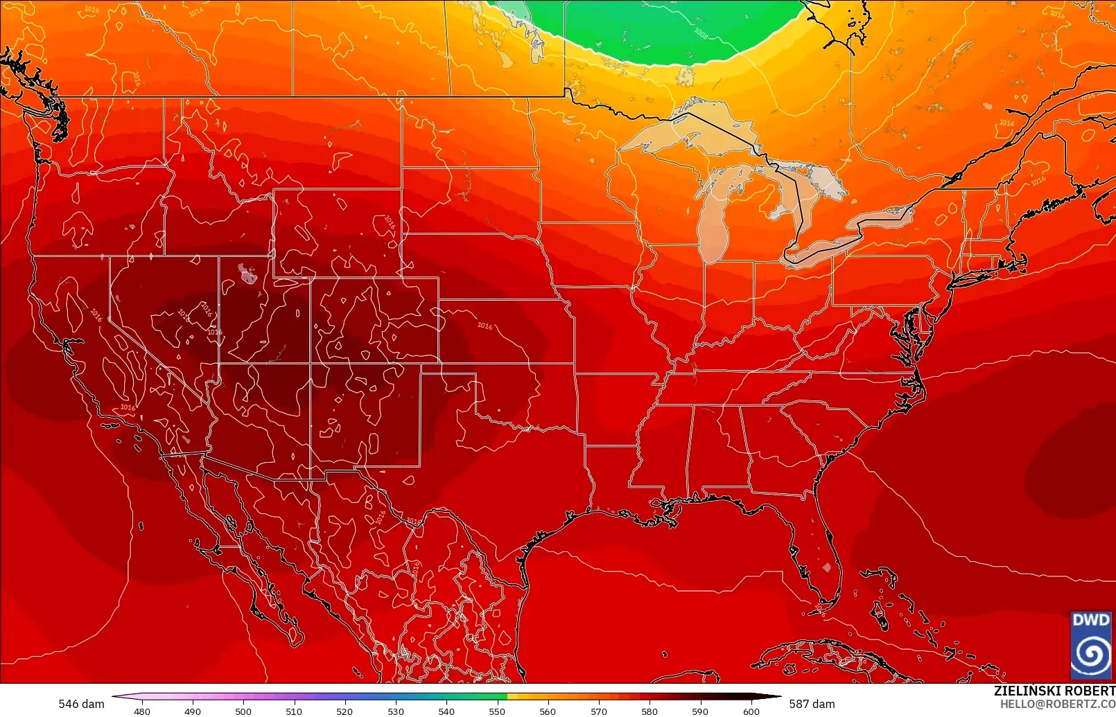 ICON modelo - Estados Unidos, Altura geopotencial a 500 hPa
