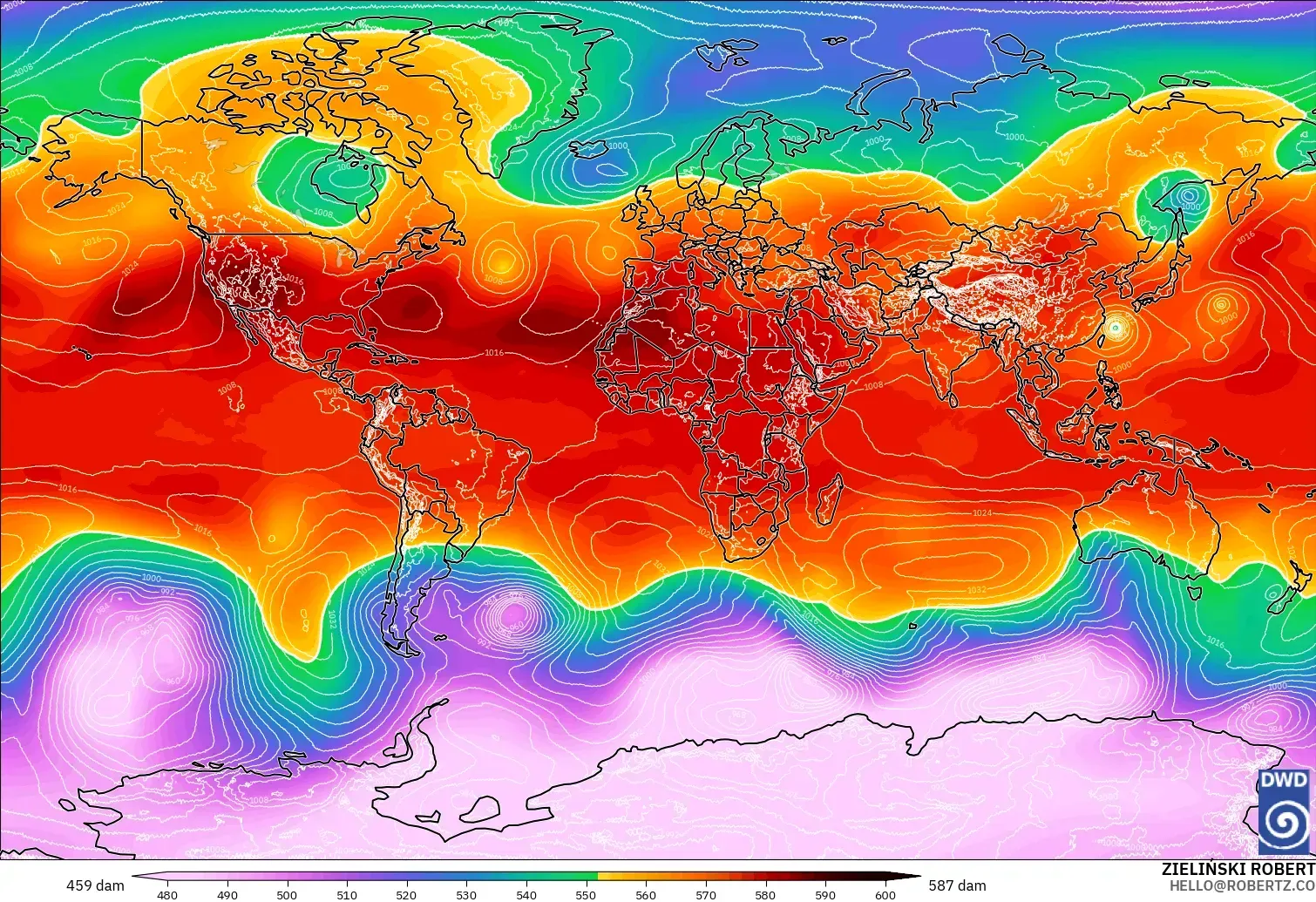 ICON modelo - Mundo, Altura geopotencial a 500 hPa